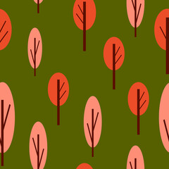 Seamless pattern with autumn trees. Red and pink. Green background. Cartoon flat style. Garden or forest. Nature and ecology. For postcards, wallpaper, textile, scrapbooking and wrapping paper