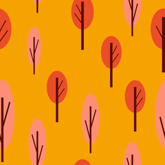 Seamless pattern with autumn trees. Red and pink. Orange background. Cartoon flat style. Garden or forest. Nature and ecology. For postcards, wallpaper, textile, scrapbooking and wrapping paper