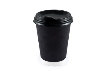 Black paper coffee cup on white background. Blank paper cup of coffee disposable for take away or to go for the application logo, space for design layout.