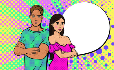 Woman with a man in pop art style. Vector background in comic style retro pop art. Illustration for print advertising and web.