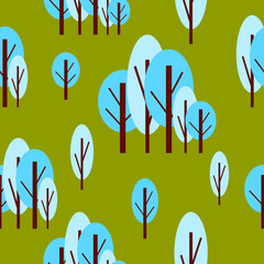 Seamless pattern with winter blue trees. Green background. Cartoon flat style. Garden or forest. Nature and ecology. Merry Christmas. For postcards, wallpaper, textile, scrapbooking and wrapping paper