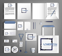White corporate identity template with geometric black object. A set of business office supplies.