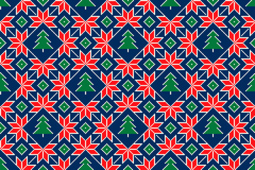 Christmas Pixel Pattern with Christmas Trees and Stars Ornament. Ugly Sweater Party Pattern Design. Scheme for Knitted Sweater Pattern Design or Cross Stitch Embroidery.