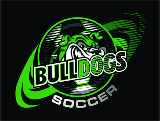 Naklejka premium bulldogs soccer team design with mascot face and ball for school, college or league