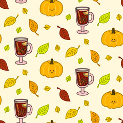 Vector seamless pattern with cute pumpkins, mulled wine and autumn leaves falling down