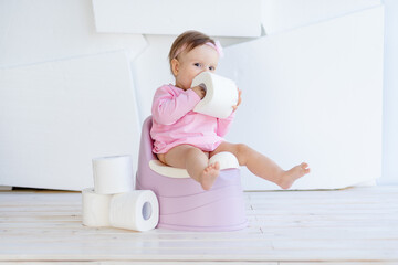 a little girl sits on a potty in pink clothes in a bright room and plays with toilet paper