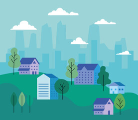 City landscape with houses trees and clouds vector design