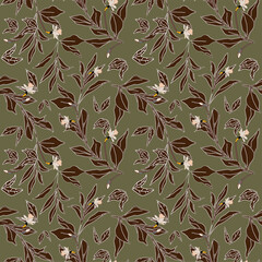 Delicate  flowers with inflorescences, leaves and petals on ochre, khaki, beige background. Floral seamless pattern.