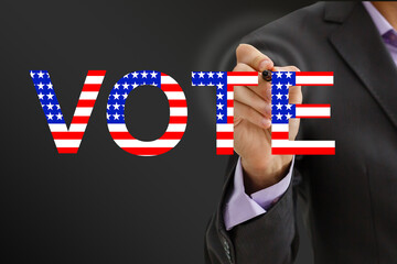 businessman pressing on a virtual background and the flag of america