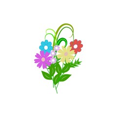 Colorful flowers and green leaf for card