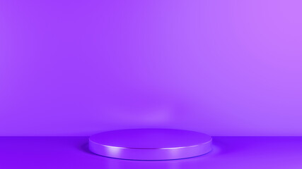 Blank Exhibition or empty product shelf in purple tones. 3D rendering. Metallic pedestal magenta of platform display with luxury stand podium on magenta room background.