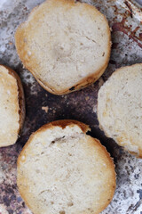 Toasted halves of bread rolls