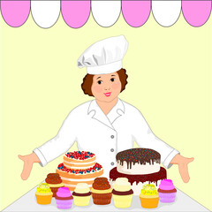 A woman pastry chef in a white coat, cap. Cakes, cupcakes. illustration