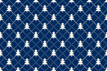 Winter Holiday Pixel Pattern with Christmas Trees Ornament. Vector Seamless Holiday Design Background. Scheme for Knitted Sweater Pattern Design or Cross Stitch Embroidery.