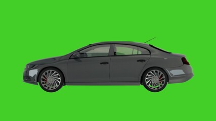 Fototapeta na wymiar Modern sedan car isolated on a green screen (side view). 3d illustration