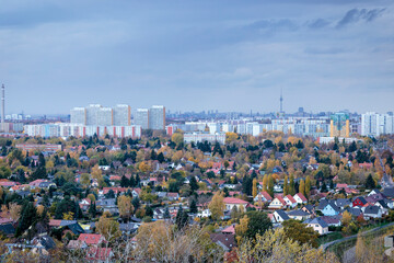 The city of Berlin and its skyline at dusk, as viewed from Marzahn, in the north-eastern side of town