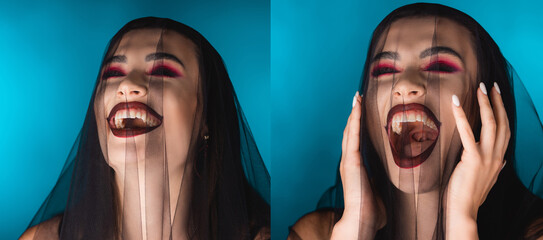 collage of evil bride with dark makeup and veil laughing on blue