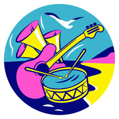 The stylized image of musical instruments on the background of the sea beach. Icon for the avatar. - 383916502