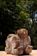 Throne of the two-headed jaguar in the Governor's Palace. Ancient Maya city of Uxmal, Yucatán, Mexico. Vertical view