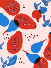 Naklejka premium Vegetables, fruits ingredients. Pumpkin, pears, mushrooms, vegetables freehand illustration. Red, blue, print fruits and vegetables poster kitchen wall. Scandinavian design. Healthy food posters