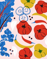 Vegetables ingredients. Freehand vegetables illustration for farm market, vegetarian festival promotion, advertisement. Pepper, greens, tomatoes, cucumbers. Organic food poster scandinavian style.