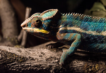 Fototapeta premium colorful chameleon on a branch in the dark at night