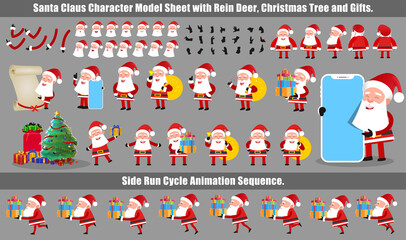 Christmas Santa Claus Character Design Model Sheet with walk cycle and run cycle animation.  Character design of Front, side, back view and explainer animation poses. Character set with lip sync