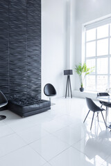 Luxurious futuristic trendy modern interior in contrasting black and white colors with interesting fashionable black furniture and decorated wall