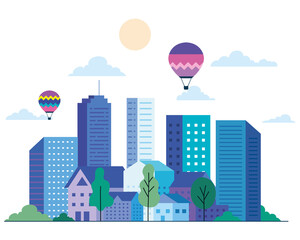Obraz premium City landscape with buildings houses hot air balloons trees sun and clouds design, architecture and urban theme Vector illustration