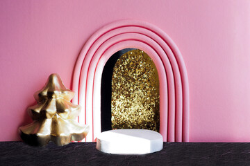 minimalistic 3D luxury pink christmas scene with white podium and golden christmas tree.