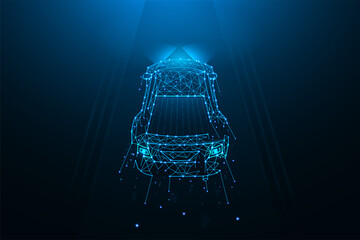 Car driving on the road polygonal vector illustration. A car made of lines and dots on a dark blue background