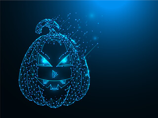 Halloween pumpkin abstract polygonal illustration. Pumpkin lantern made of lines and dots on a dark blue background.