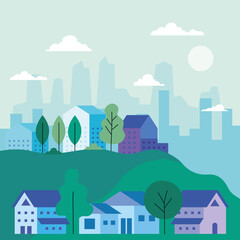 City landscape with houses trees clouds and sun design, architecture and urban theme Vector illustration