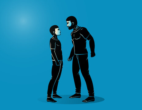 Big Aggressive Guy Threatening The Little Guy. Conflict Situation Vector Illustration On A Blue Background