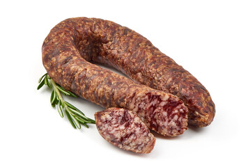 Smoked salami sausage, dried meat, close-up, isolated on white background