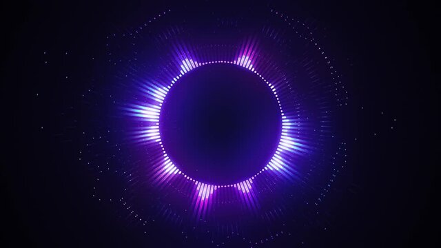 Bright glowing radial or circular equalizer animation. Visualization of recording and playback of sound, voice, music. Audio waveform with flowing dotts. Technological 4K loop in neon purple colors