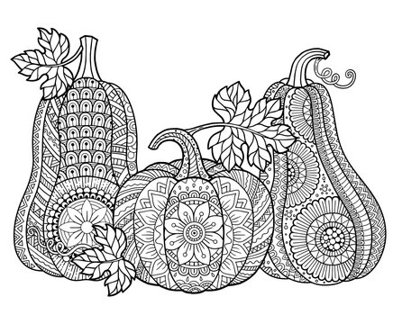 Vector coloring book for adults. Halloween pumpkins in mandala style with detailed patterns