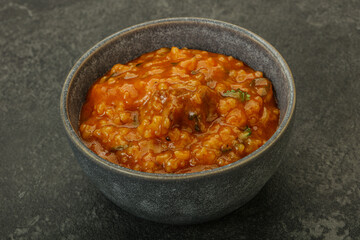 Traditional Georgian Kharcho soup with meat