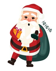 Santa Claus with a bunch of gifts, carries, drags on a sleigh. Flat, cardun, christmas eve and new year.
