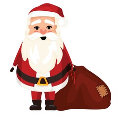 Santa Claus with a bunch of gifts, carries, drags on a sleigh. Flat, cardun, christmas eve and new year.