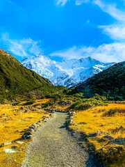 Hiking trail at Mount Cook National Park of New Zealand