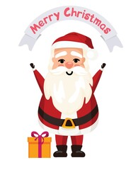 Christmas banner with discount. Merry Christmas and Happy New Year greeting with cute santa claus. vector lettering