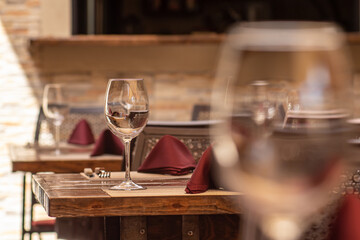 wine glass at a restaurant wood table