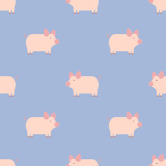 vector seamless pattern with textured pink pigs on blue background