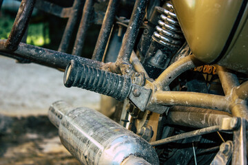 Closeup of a motorcycle parked in the streets of the city center of the metropolitan area
