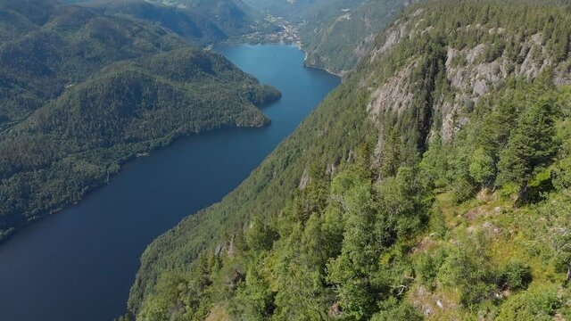 Telemark Norwegian highlands, Dalen on lakeside background, aerial view