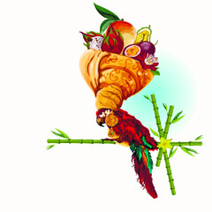 Illustration of a parrot ara and tropical leaves and fruits © Maryna Rudzko