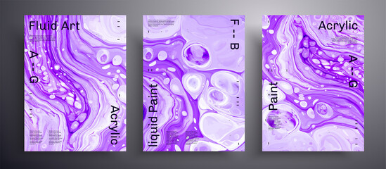 Abstract vector banner, texture pack of fluid art covers. Beautiful background that can be used for design cover, invitation, presentation and etc. Purple and white unusual creative surface template