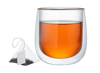 Glass cup of tea isolated on white background