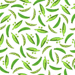 Seamless pattern with green peas on white background. Hand drawn watercolor illustration.